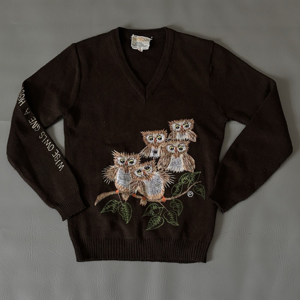 Vintage Cyn Les Shirlee Designs Women's Small Sweater Owl Embroidery Acrylic